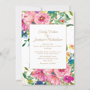 Convite Casamento com Brilho Dourado Floral Rosa Amarelo
