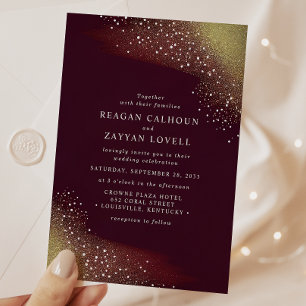 Convite Casamento com Brilho em Borgonha e Dourado