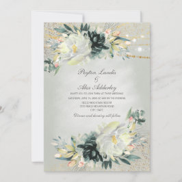 Convite Casamento com Brilho Floral em Aquarela Verde Bran