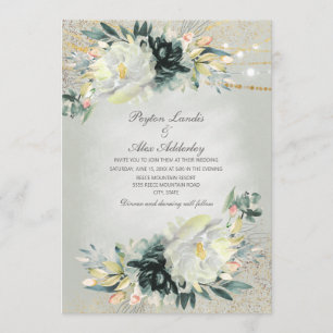 Convite Casamento com Brilho Floral em Aquarela Verde Bran