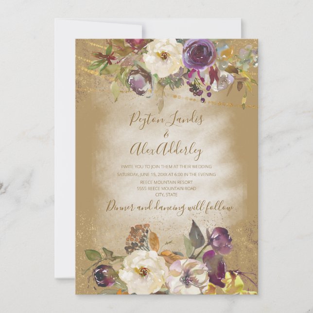 Convite Casamento com Brilho Floral Roxo Marrom Marfim (Frente)