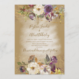 Convite Casamento com Brilho Floral Roxo Marrom Marfim