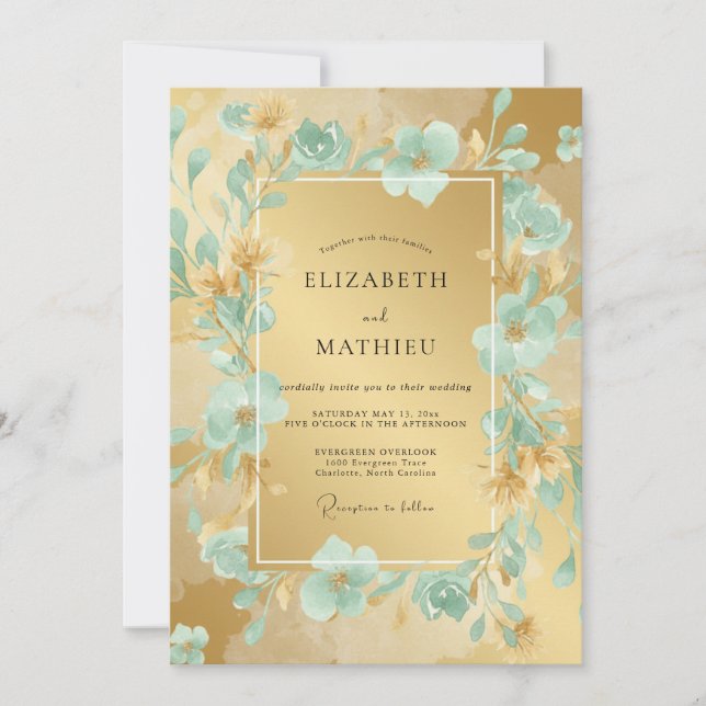 Convite Casamento com Brilho Floral Turquesa (Frente)