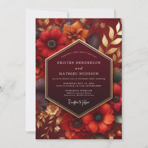 Convite Casamento com Brilho Outonal Floral Carmesim