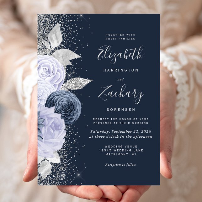 Convite Casamento com Brilho Prata Lilás Azul Marinho Flor (Criador carregado)