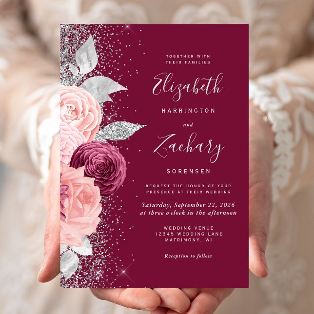 Convite Casamento com Brilho Prata Rosa Bege Borgonha Flor (Criador carregado)
