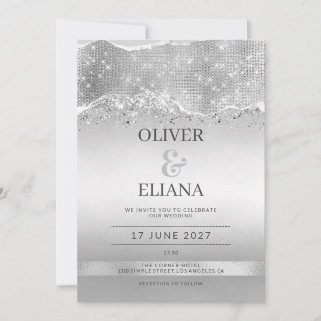 Convite Casamento com brilho prateado deslumbrante (Frente)
