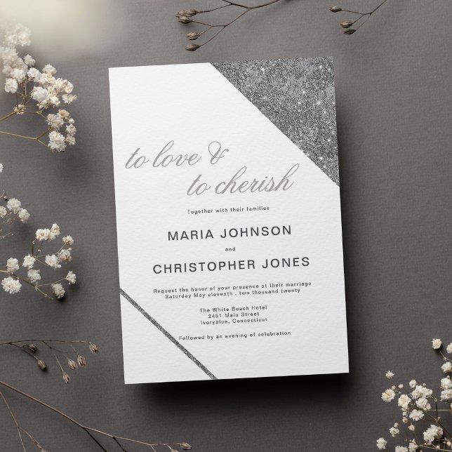 Convite Casamento com brilho prateado e clássico em branco (Luxury white classic script silver glitter wedding)