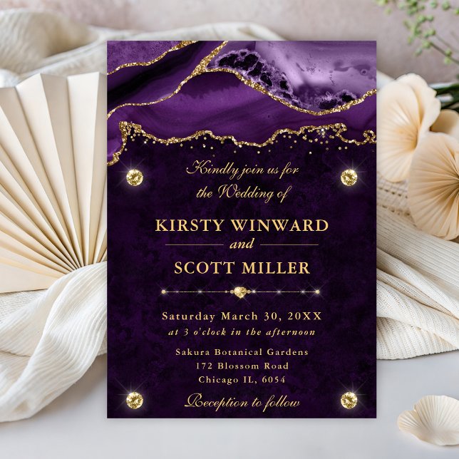 Convite Casamento com Brilho Roxo e Dourado em Ágata (Criador carregado)
