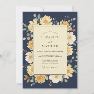 Convite Casamento com Buquê Floral Amarelo Navy