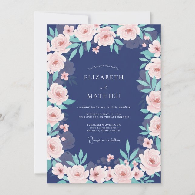 Convite Casamento com Buquê Floral Azul Marinho Rosa (Frente)