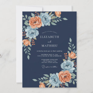 Convite Casamento com Buquê Floral Coral Marinho
