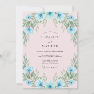 Convite Casamento com Buquê Painterly Azul-Celeste