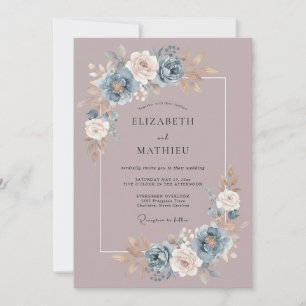 Convite Casamento com Buquê Painterly Azul Empoeirado
