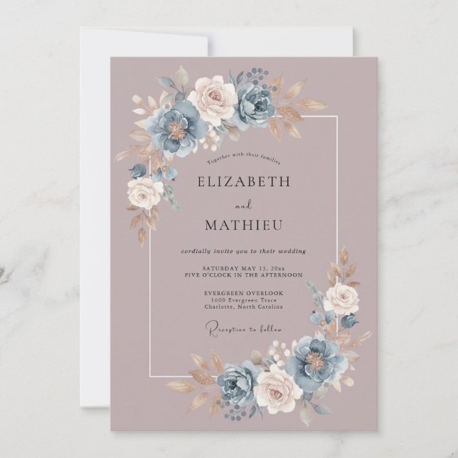Convite Casamento com Buquê Painterly Azul Empoeirado (Frente)