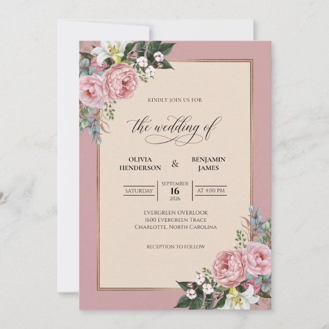 Convite Casamento com Buquê Pintado de Malva (Frente)