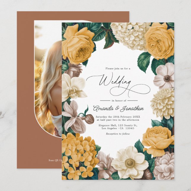 Convite Casamento com Buttercream, Marigold Suave e Blush  (Frente/Verso)