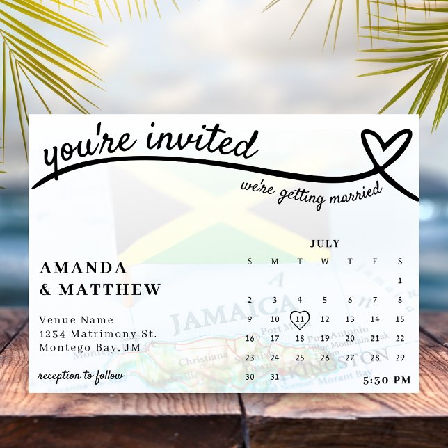 Convite Casamento com Calendário do Coração da Bandeira ja (Jamaica Jamaican Flag Heart Calendar Wedding Invitation
)