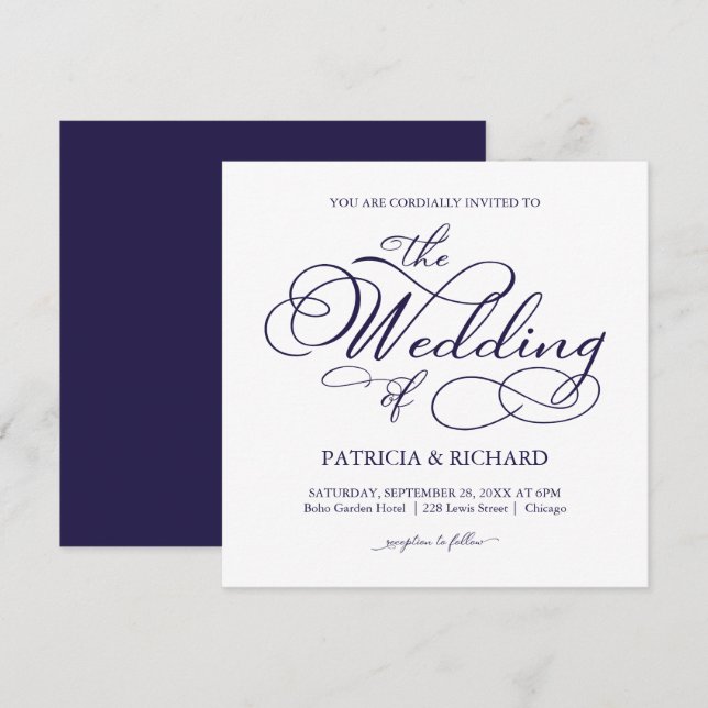 Convite Casamento com Caligrafia Azul Marinho Elegante (Frente/Verso)