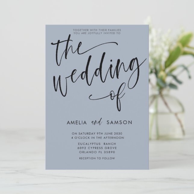 Convite Casamento com Caligrafia Azul Simples (Em pé/Frente)