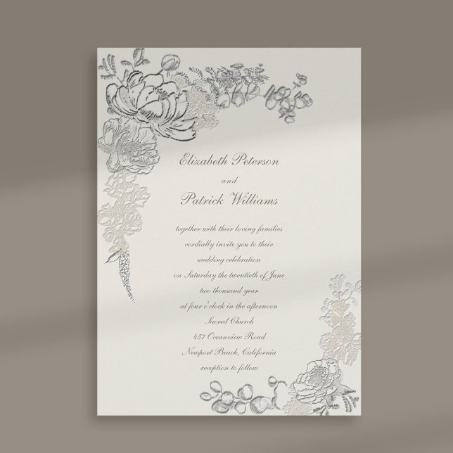 Convite Casamento com Caligrafia de Frame de Peonies Embos (peony wedding invitation floral frame formal traditional elegant calligraphy ecru modern classic)
