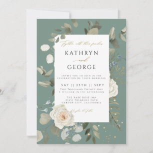 Convite Casamento com Caligrafia Dourada com Verde Botânic