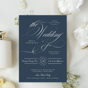 Convite Casamento com Caligrafia Elegante Azul Marinho Clá