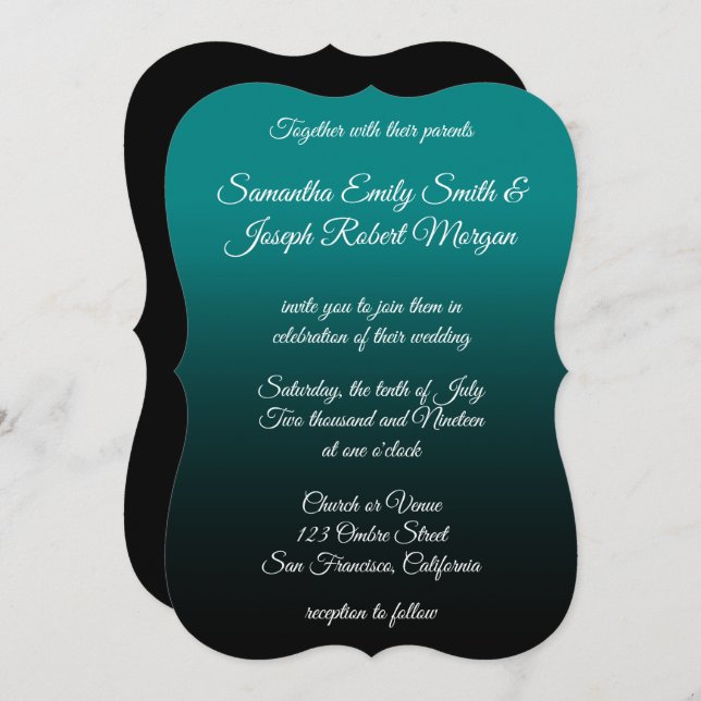 Convite Casamento com Caligrafia Elegante de Teal e Black  (Frente/Verso)