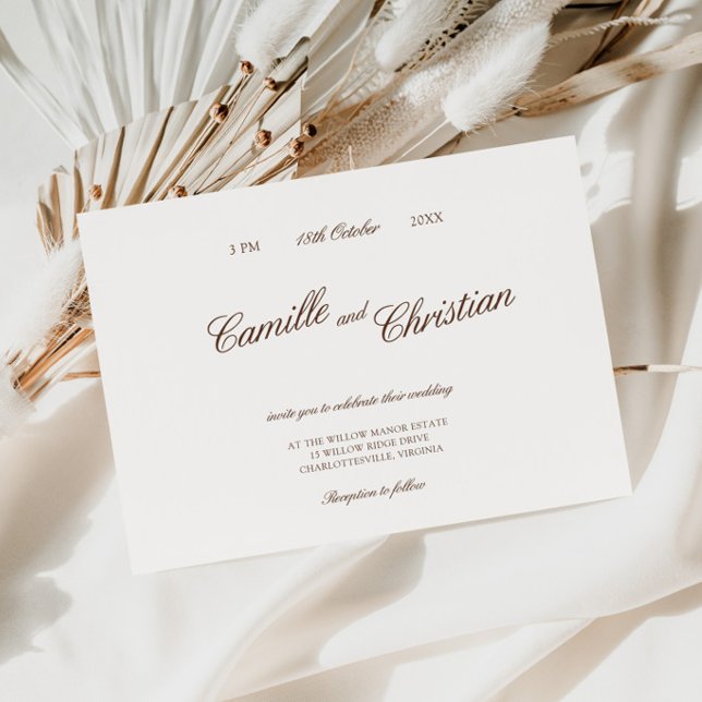 Convite Casamento com Caligrafia Elegante em Marfim e Marr (Elegant Ivory & Warm Brown Calligraphy Wedding Invitation)