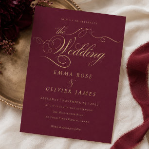 Convite Casamento com Caligrafia em Dourado e Borgonha Ele