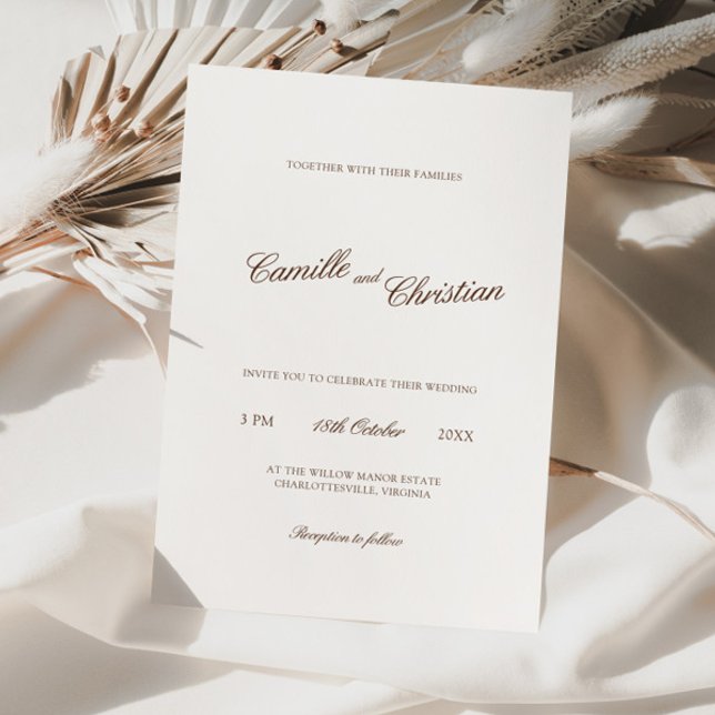 Convite Casamento com Caligrafia em Marrom Quente e Marfim (Elegant Ivory & Warm Brown Calligraphy Wedding Invitation)