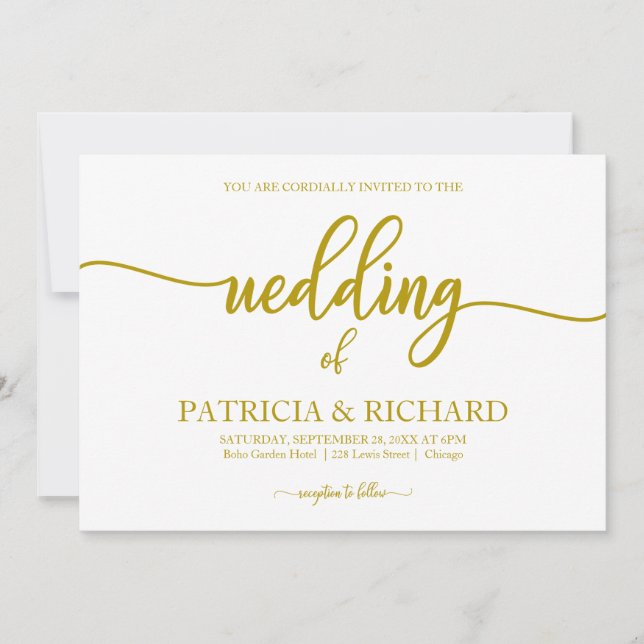Convite Casamento com Caligrafia em Ouro Elegante (Frente)