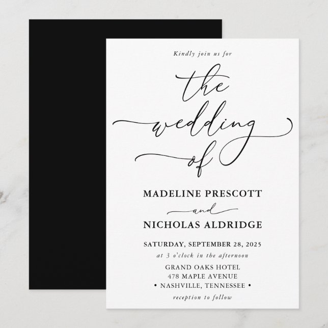 Convite Casamento com Caligrafia Moderna em Preto e Branco (Frente/Verso)