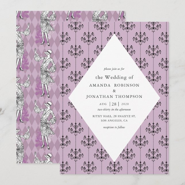 Convite Casamento com Caligrafia Tema Paris Roxo e Preto (Frente/Verso)