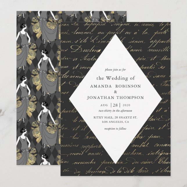 Convite Casamento com Caligrafia Temática Paris Preto e Do (Frente/Verso)