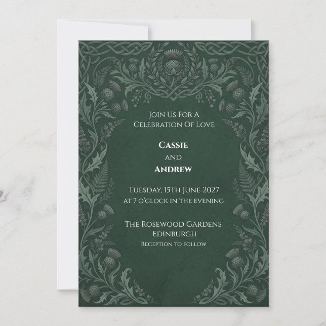 Convite Casamento com Cardo Celta Verde Escuro (Frente)