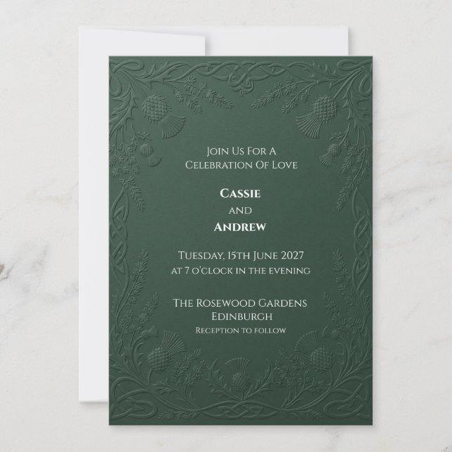 Convite Casamento com Cardo Celta Verde Escuro Embutido (Frente)