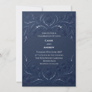 Convite Casamento com Cardo Escocês Azul Marinho Embutido
