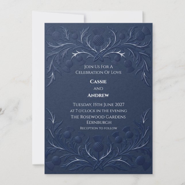 Convite Casamento com Cardo Escocês Azul Marinho Embutido (Frente)