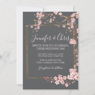 Convite Casamento com Carvão e Flor de Cerejeira Rosa