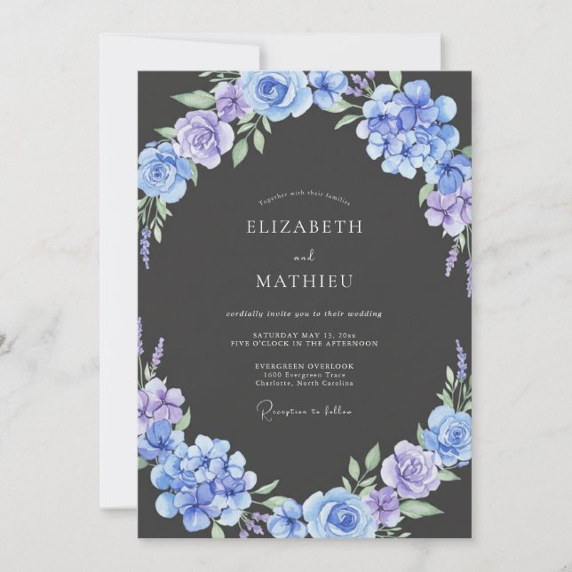 Convite Casamento com Carvão, Hortênsia Periwinkle e Eucal (Frente)