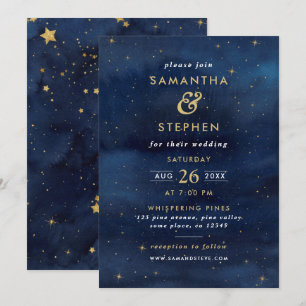 Convite Casamento com Céu Noturno Estrelado em Aquarela Az