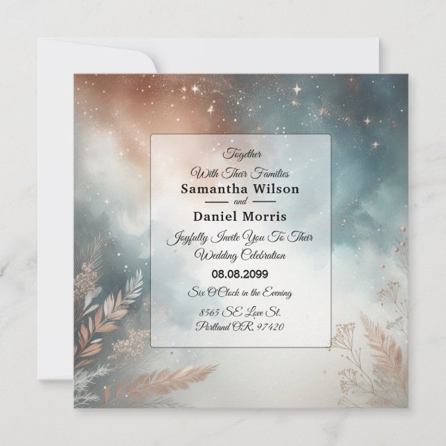 Convite Casamento com Céus de Poeira Estelar em Sage e Ter (Frente)