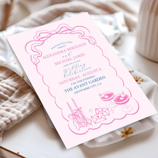 Convite Casamento com Champanhe Desenhado à Mão Funky Retr (Criador carregado)