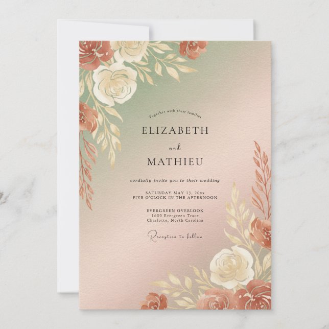 Convite Casamento com Champanhe Ferrugem Pampas Eucalipto (Frente)