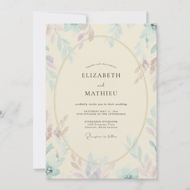 Convite Casamento com Champanhe, Folhagem Roxa e Eucalipto (Frente)