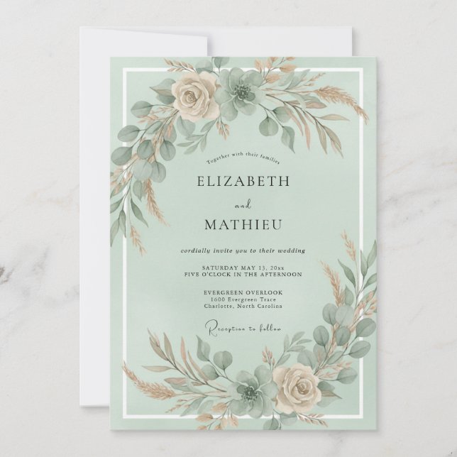 Convite Casamento com Champanhe Menta Pampas Eucalipto (Frente)