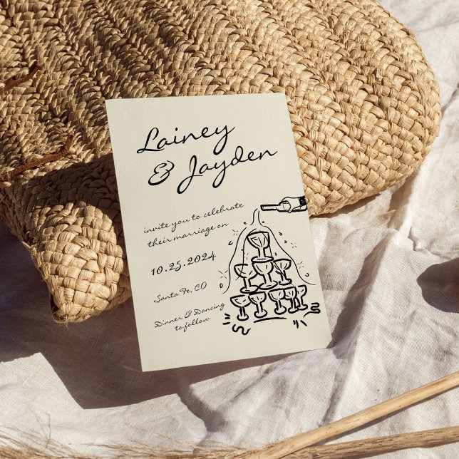 Convite Casamento com Champanhe Moderno Retro Manuscrito (Criador carregado)