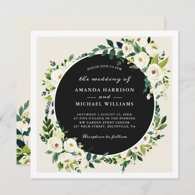 Convite Casamento com Champanhe White Greenery Floral Squa (Frente/Verso)