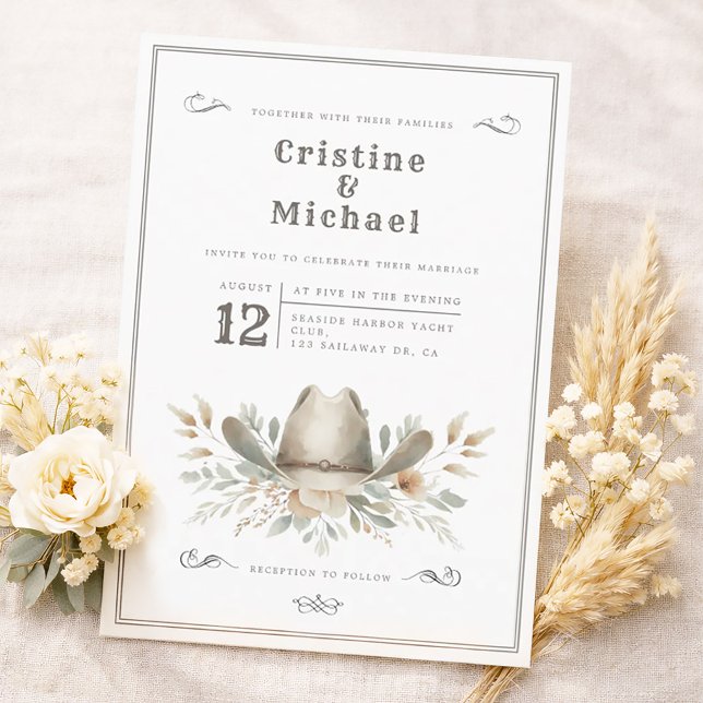 Convite Casamento com chapéu de Cowboy Rústico (Cowboy hat, western wedding invitation in watercolors. Vintage style.)